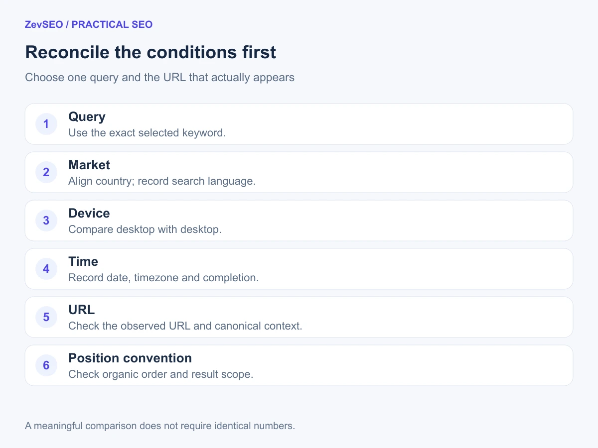 A reconciliation workflow checking query, market, device, time, URL and result scope before choosing an action