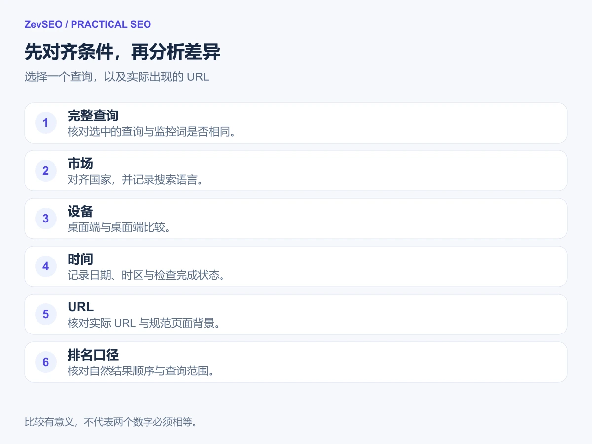 依次核对关键词、市场、设备、时间、URL 与结果范围，再决定下一步动作的流程