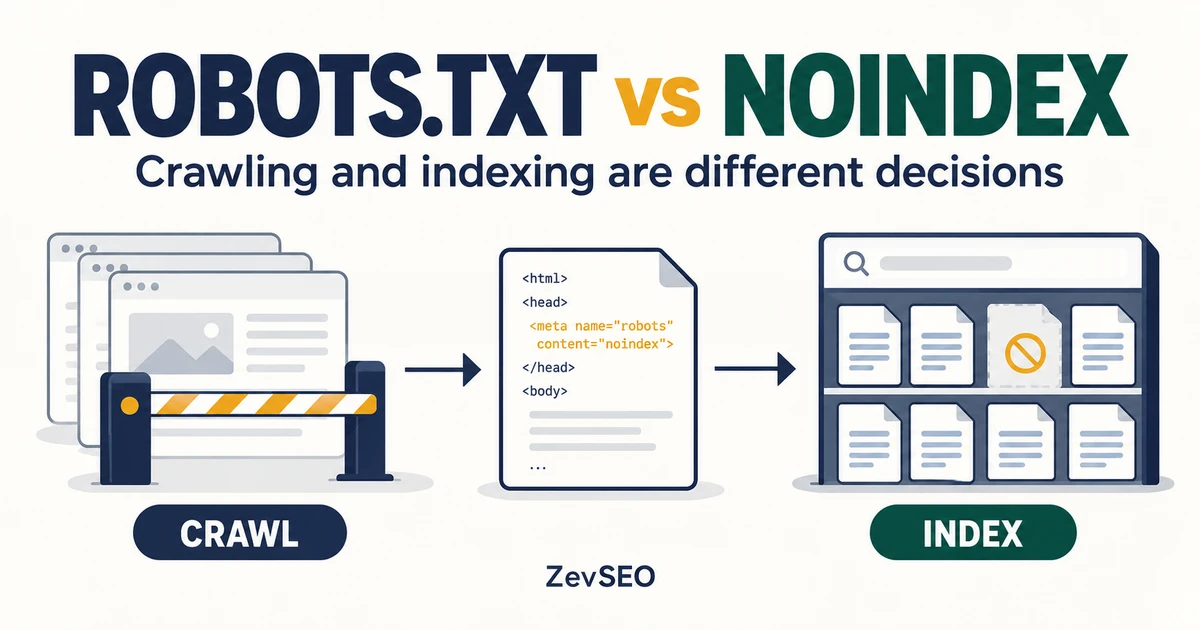 Editorial illustration showing crawl access, a page-level noindex rule and a search index decision