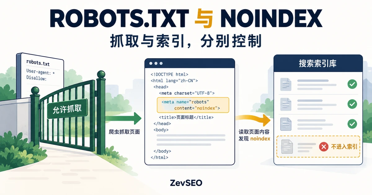 允许抓取网页、读取 noindex 指令，再决定是否进入搜索索引的流程示意