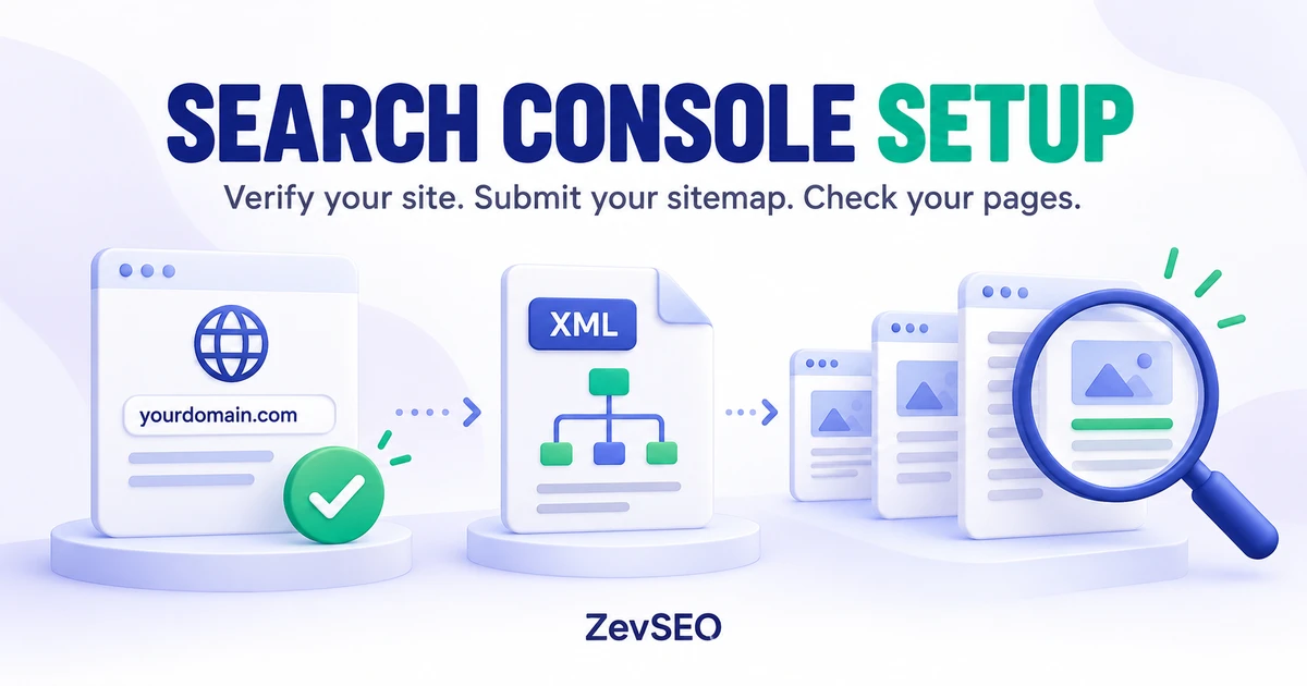A domain verification card, XML sitemap and page inspection magnifying glass illustrate Search Console setup