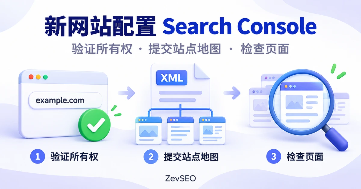 域名验证、XML 站点地图与放大镜检查页面组成的 Search Console 配置流程示意