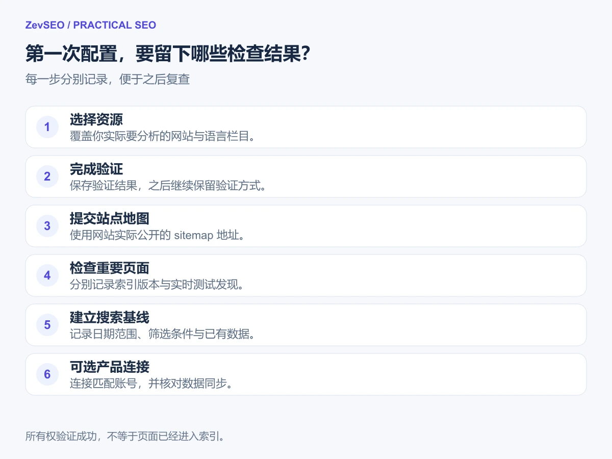 依次检查资源、验证、站点地图、页面、报告,以及可选产品连接的首次配置清单